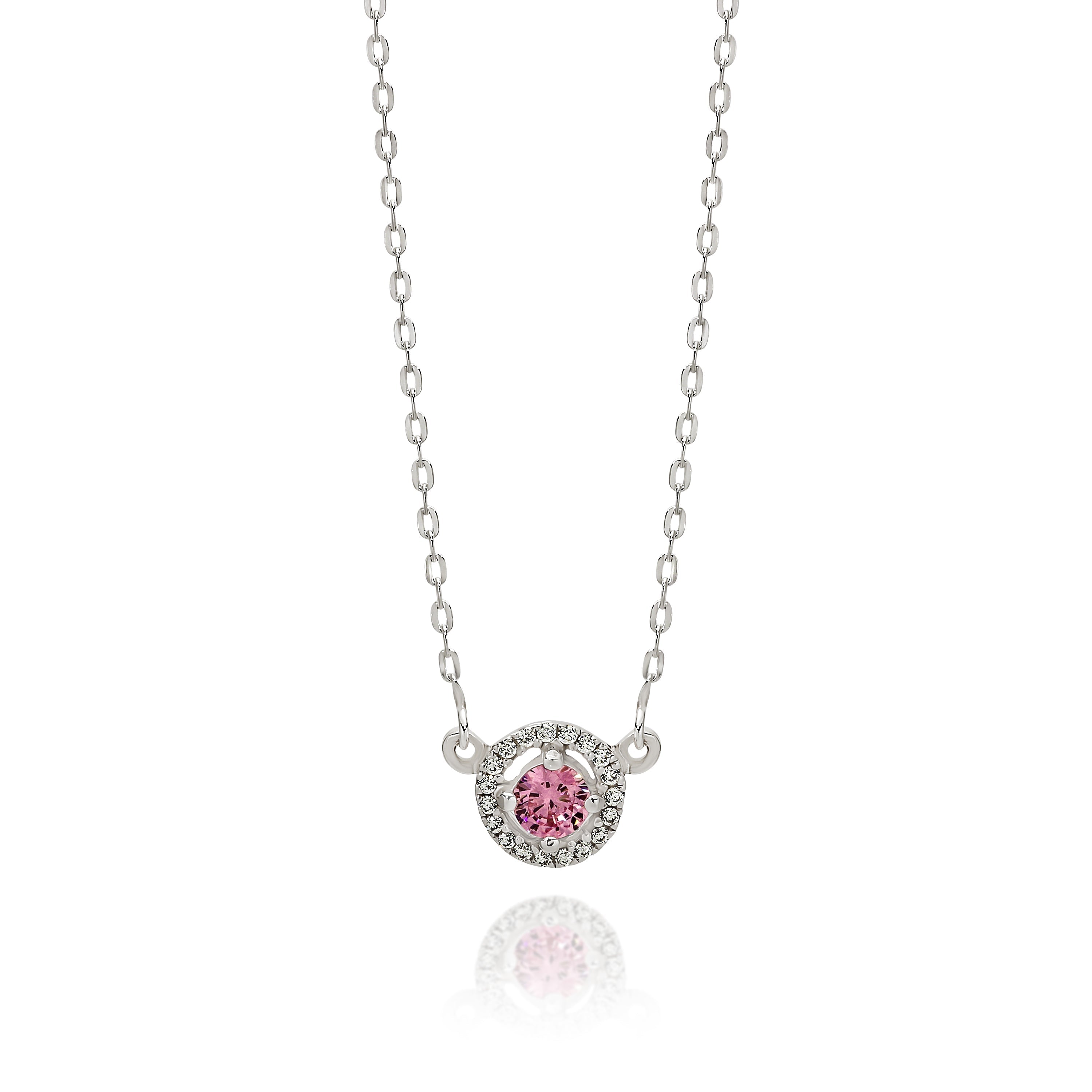 Silver pink cubic zirconia halo necklet