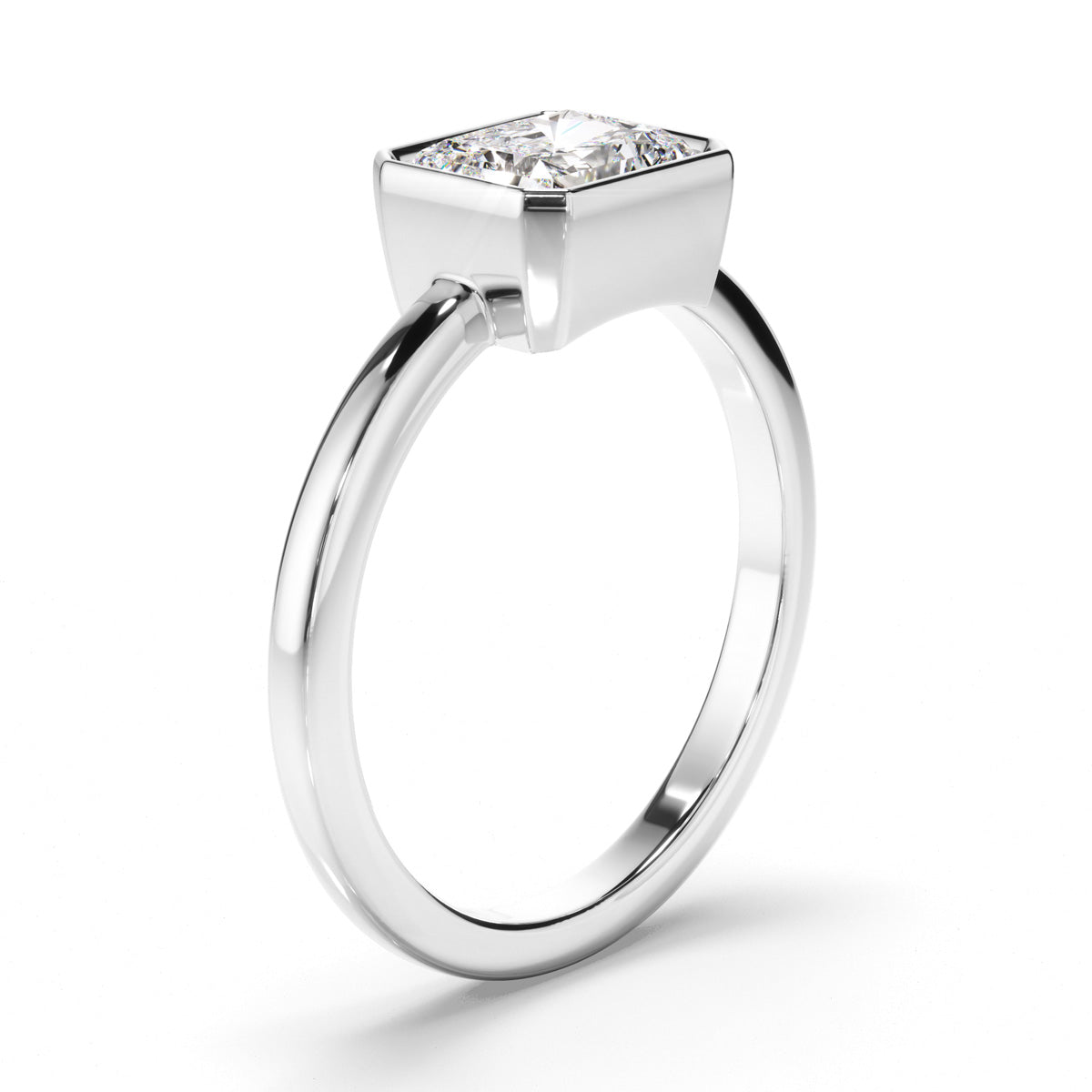 Radiant Cut Diamond Bezel Solitaire East West Engagement Ring