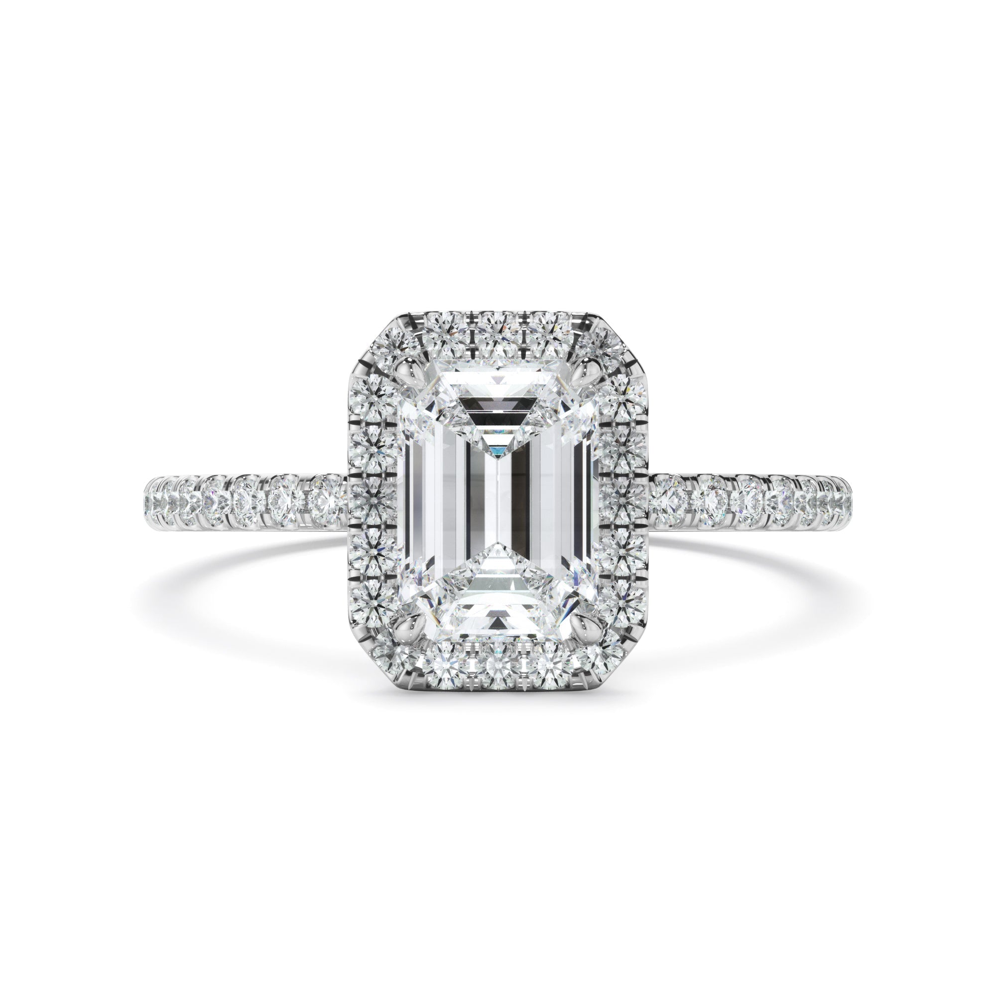 Emerald Cut Diamond Halo Engagement Ring With Pave Band