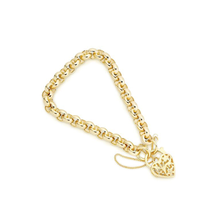 9ct Yellow Gold Round Belcher Filigree Heart Padlock Bracelet